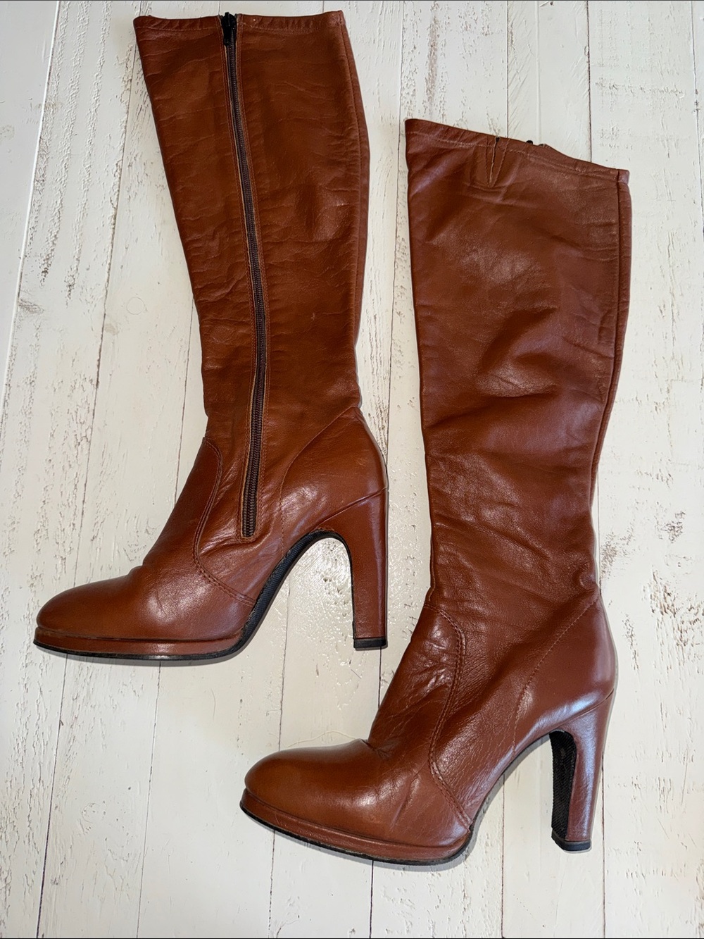Vintage 1970s Hannah Women's Brown Leather High-Heel Knee Boots
